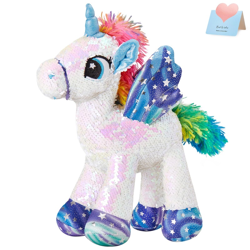 Athoinsu Unicorn Stuffed Animal Plush Reversible Glitter Sequins Children'S Day Birthday Holiday For Girls Toddlers, White, 13'
