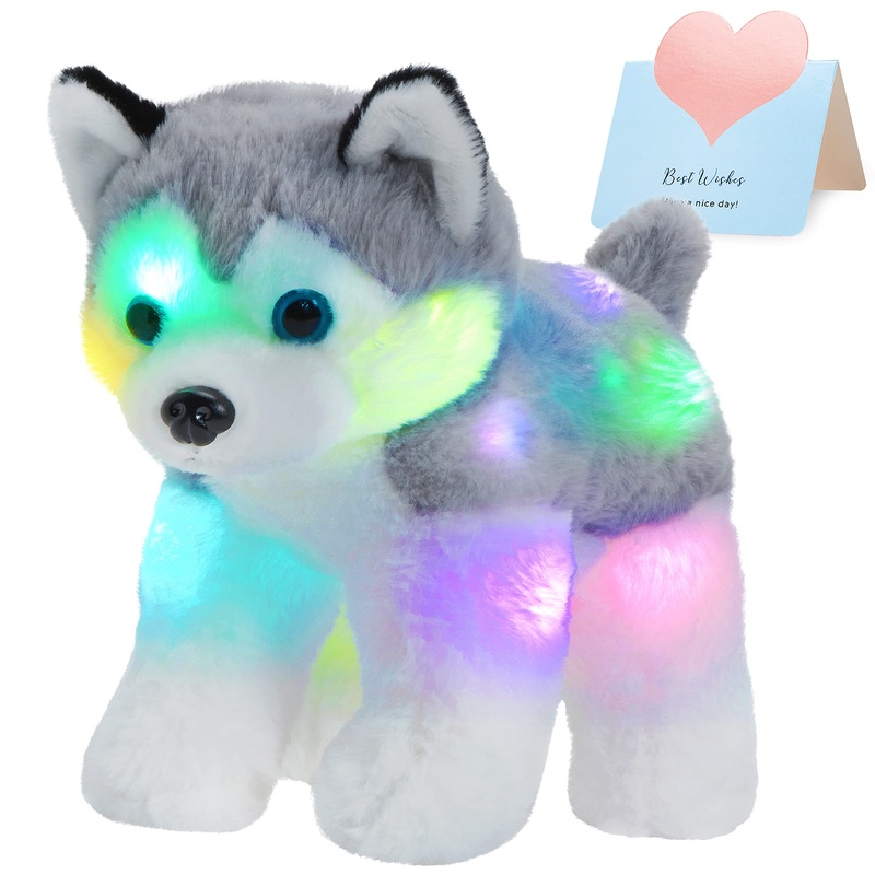 Bstaofy 12 Light Up Husky Puppy Stuffed Animal Realistic Led Dog Soft Plush Toy With Night Lights Glow In The Dark Birthday For Toddler Kids