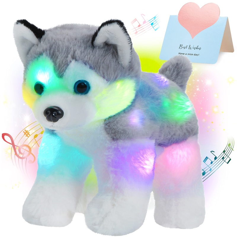 Bstaofy 12 Musical Light Up Husky Puppy Stuffed Animal Realistic Led Singing Dog Soft Plush Toy With Night Lights Lullaby Glow In The Dark Birthday For Toddler Kids