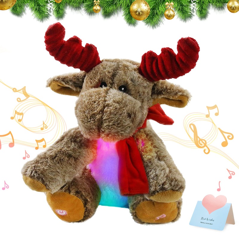 Bstaofy Led Musical Reindeer Christmas Stuffed Animal Creative Singing Elk Soft Plush Toy Night Light Up Colorful Cute Elk Plush Soft Lovely Toy Bedtime Doll Birthday Gifts, 12''