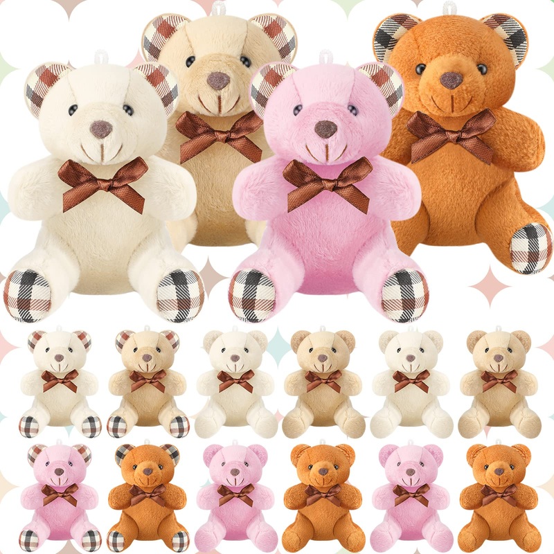Skylety 16 Pcs Mini Plush Bear Bulk 4 Inch Bear Stuffed Animal Toy Doll Small Soft Keychain For Birthday Baby Shower Wedding Party Favor Decor(Light Brown, Dark Brown, Pink, Beige)