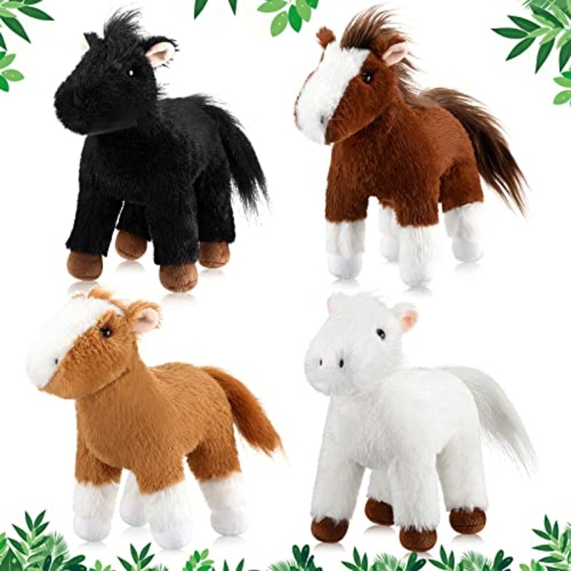 Skylety 4 Pcs Stuffed Horse Toy 8 Inch Horse Plush Stuffed Animals Cute Plush Assorted Toy Brown Animals Gifts Party Favors Supplies Decoration(Lying Style)