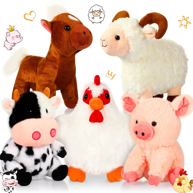 Skylety 5 Pack Farm Plush Animals Set 10 Inches Plush Farm Stuffed Animals Barnyard Stuffed Toys Soft Pig Rooster Horse Sheep Cow Plush Toy For Birthday Party Favor(Mixed Style)