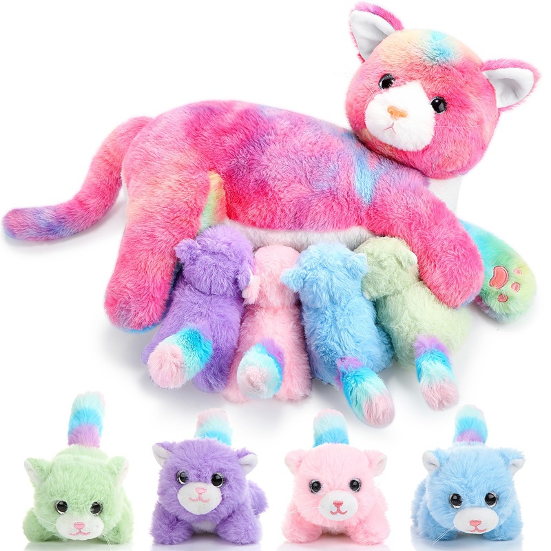 Skylety Nurturing Cat Stuffed Animal With 4 Plush Kittens, Cat Baby Stuffed For Girls And Boys Plushy Mommy Kitty With Baby Kittens For Birthday Party Favors Gifts(Cuddly Style)