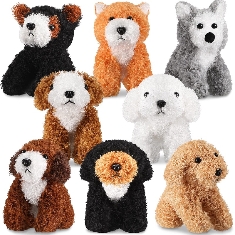 8-Piece Assorted Plush Pets Set - 5 Inch Cute Stuffed Animals For Kids, Classroom & Halloween Themed Party Supplies (Squatting Dog)