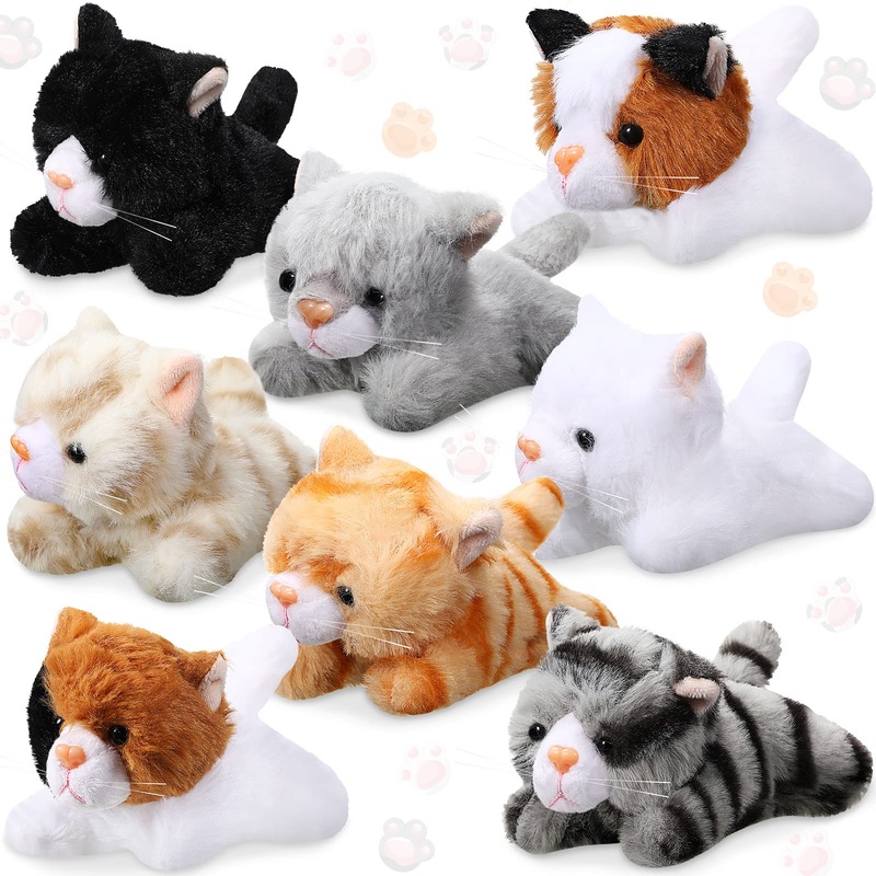 8 Pieces 5 Inch Stuffed Animals Bulk Assorted Cute Stuffed Pet Plush Toys Small Plush Animals For Halloween Kid Classroom School Pet Party Favors Supplies Decoration (Lying Cat)
