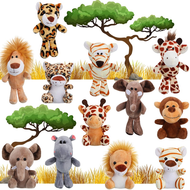 Sumind 12 Pieces Valentine'S Day Mini Stuffed Forest Animals Jungle Animal Plush Toys 4.8 Inch Cute Plush Elephant Lion Giraffe Tiger Plush For Animal Themed Parties Achievement(Sitting, Lying)