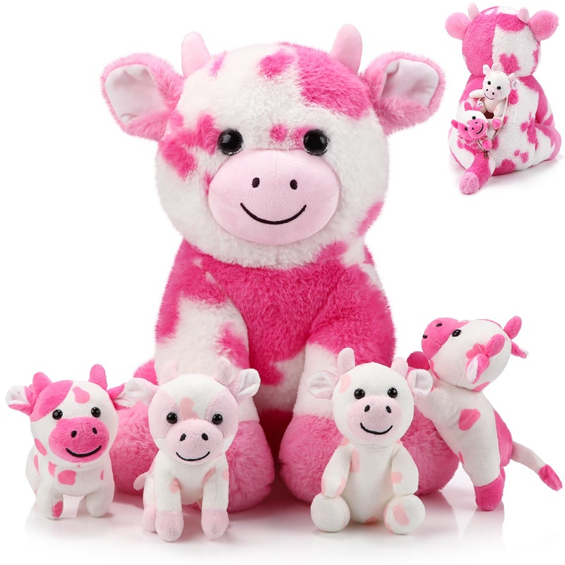 Sumind 5 Pcs Cow Plush Animals Set 13.78 Inch Mommy Cow Stuffed Animal With 4 Baby Cute Calf In Her Tummy Mommy And Small Plush For Baby Shower Boys Girls(Adorable)