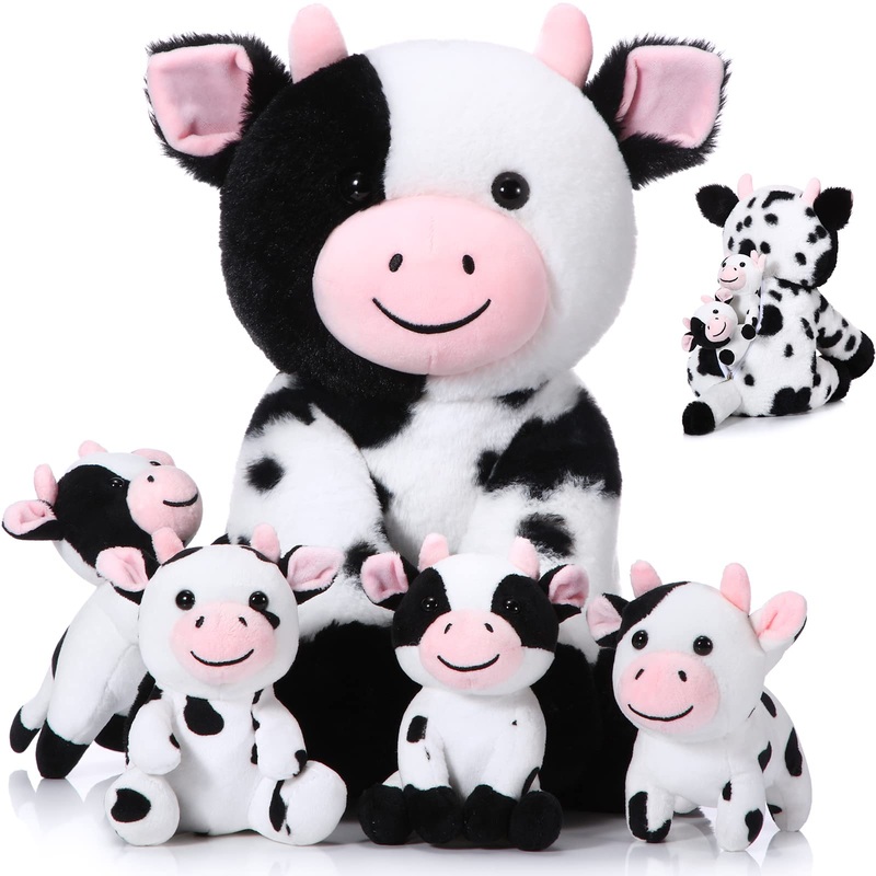 Sumind 5 Pcs Cow Plush Animals Set Mommy Cow Stuffed Animal With 4 Baby Cute Calf In Her Tummy Mommy And Baby Small Plush For Boys Girls(Cute)