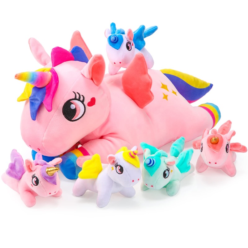 Sumind Rainbow Unicorn Mommy Stuffed Animal With 5 Cute Baby Unicorns In Her Tummy Plush Toy For Mama Girls Baby Toddler Kids 3 4 5 6 7 8+ Yearchristmas Birthday Gifts(Novel Style,Pink)
