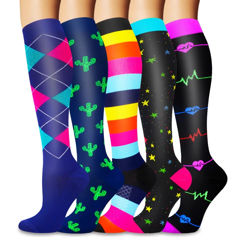 Cthh 5 Pairs Compression Socks For Women  Men 20-30Mmhg-Circulation Support Knee High Socks (04 Navyyellowblackstar, Small-Mediu
