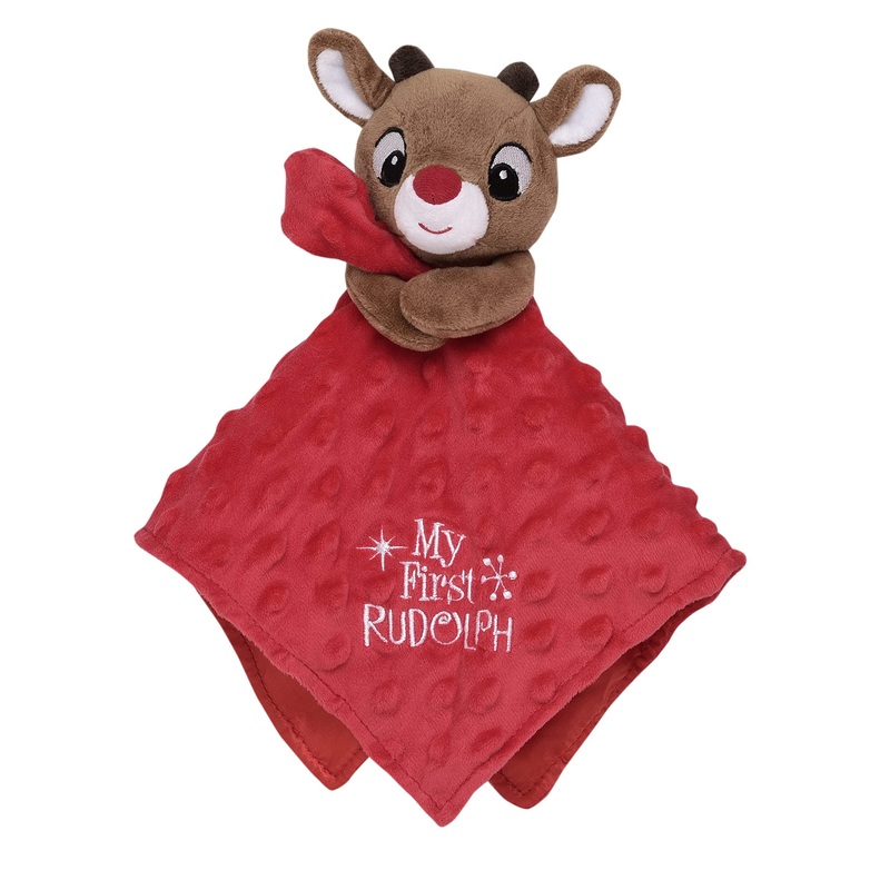 Baby Plush Rattle Snuggle Blanket With Satin And Embroidery, My First Rudolph (Red, 12 Inch)