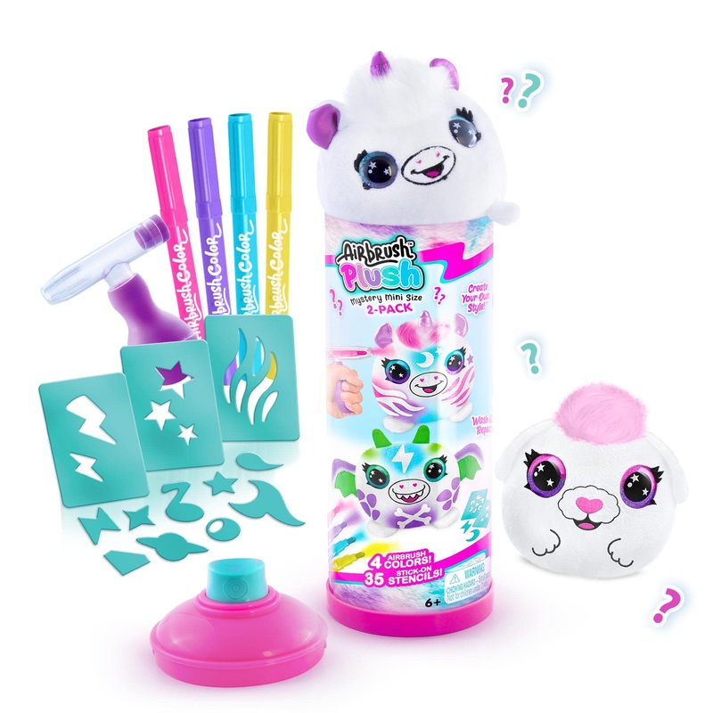 Canal Toys Personalize Airbrush Plush Mini Mystery 2 Pack! Which 2 Plushies Will You Get?! Decorate, Wash, Repeat! Customize Your Own Plushies With Markers, Airbrush Tool And Stencils. Ages 6+