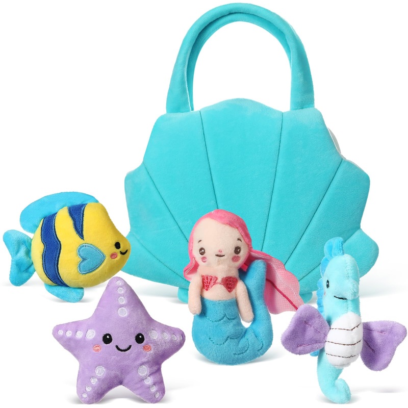 Syhood 5 Pieces Ocean Stuffed Animals Plush Set Include 1 Shell Carrying Bag Toy Set With Small Mermaid Seahorse Starfish Fish Sensory Toy For Boys And Girls Huggable Sleeping Holiday Birthday Gifts