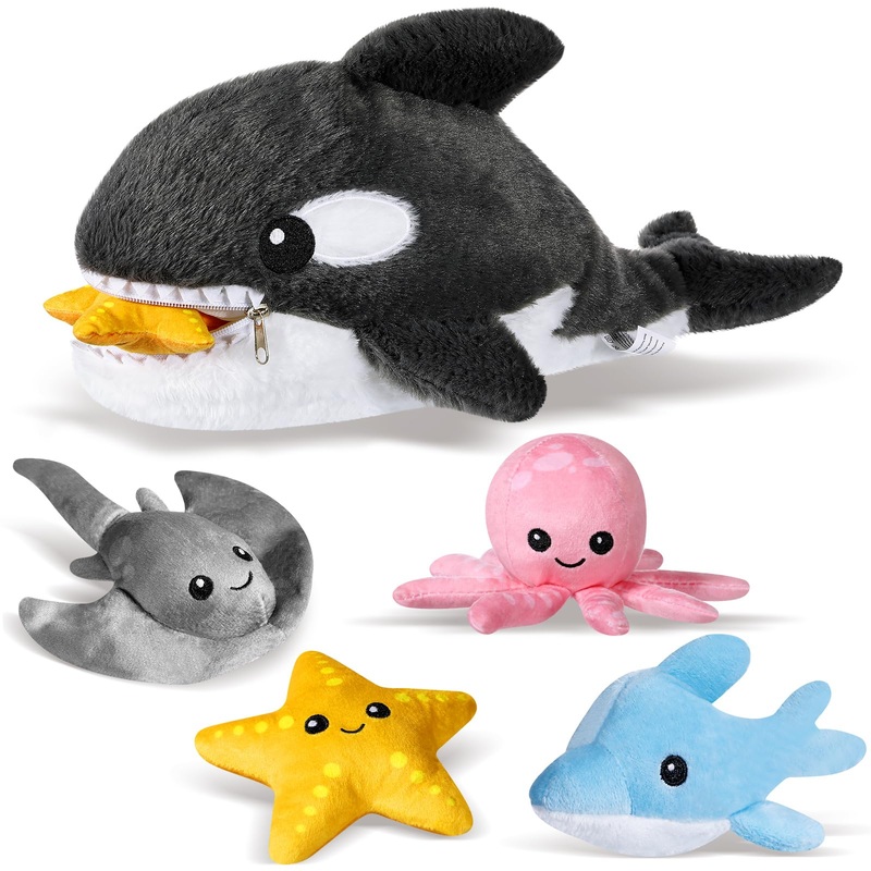 Syhood 5 Pieces Sea Stuffed Animals Plush Set Include 1 Large Whale Plush Doll With Small Starfish Dolphin Octopus Ray Stuffed Toy For Huggable Sleeping Holiday Birthday Gifts