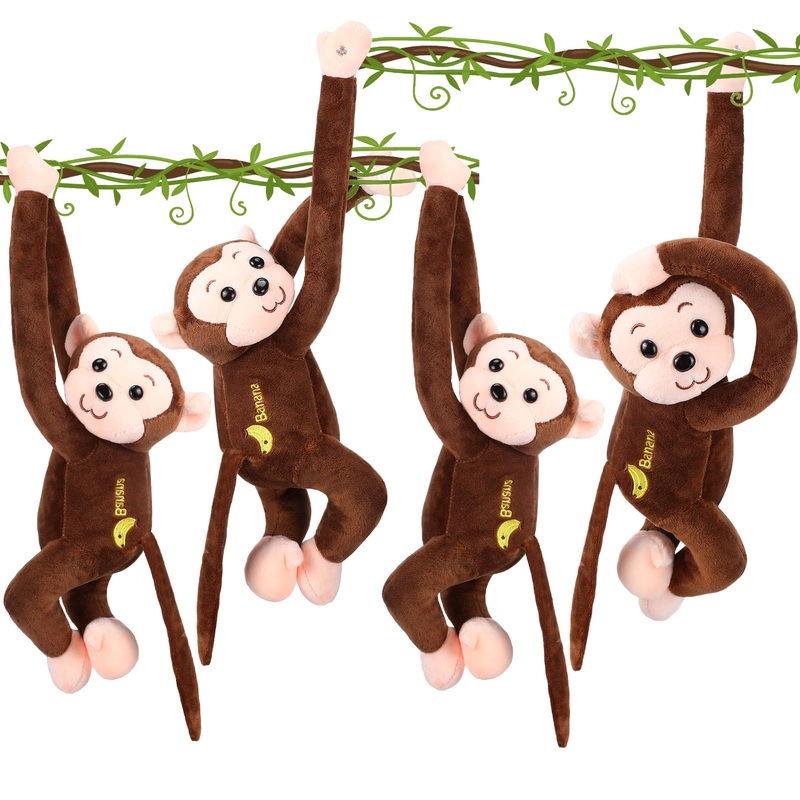 4-Pack 17.8 Hanging Stuffed Monkeys With Hook & Loop Fasteners - Plush Toy Gifts For Teens & Adults, Plush Stuffed Animal Toys Soft Monkey Doll Decoration (Brown, Khaki)