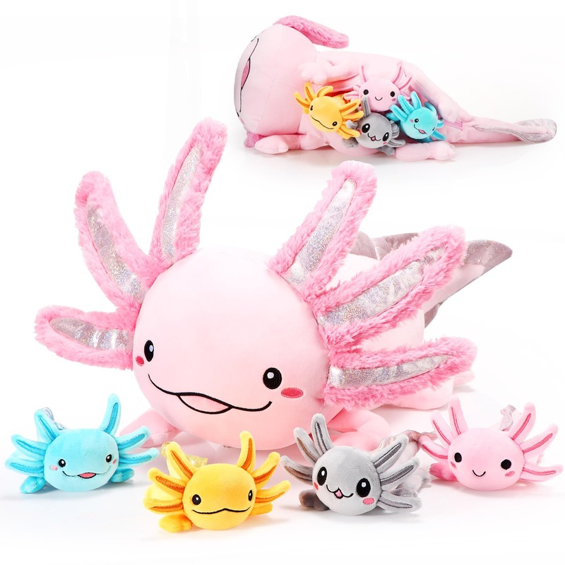 Aoriher 5 Pcs Axolotl Plush Set 24 Inch Mommy Axolotl Stuffed Animal With 4 Cute Plush Babies In Belly Soft Cuddly Plushie For Kids Sleeping Birthday Graduation Gift Party Favors(Pink)