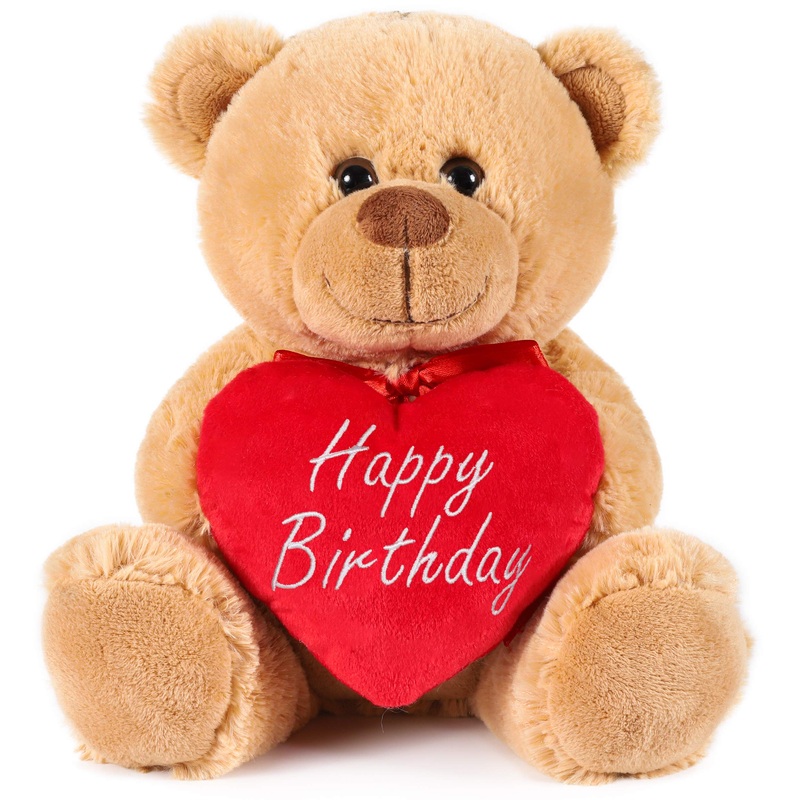 Brubaker Teddy Bear With Red Heart - Happy Birthday - 9.5 Inches - Cuddly Plush Toy - Light Brown