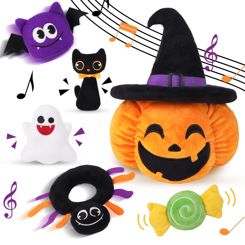 Bunny Chorus My First Halloween Plush Pumpkin Playset, Stuffed Pumpkin With Witch Hat, Stuffed Cat Spider Ghost Candy With Multi Sensory Rattles, For Baby Girls Boys