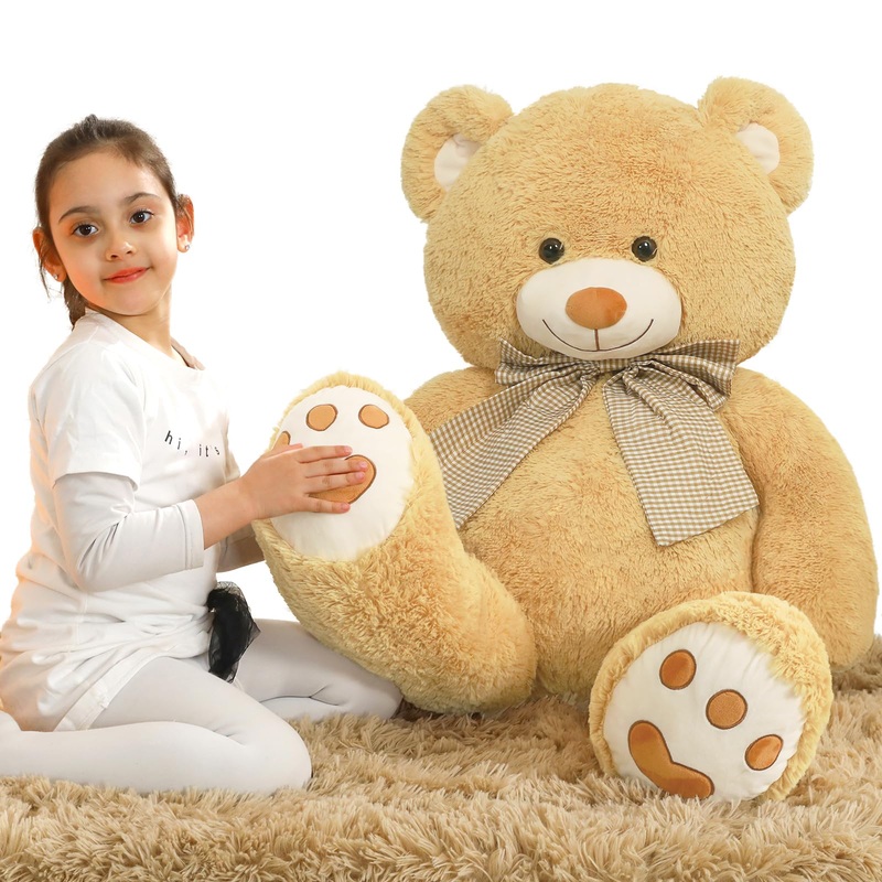 Morismos 4 Feet Giant Teddy Bear Stuffed Animal, 47' Large Tan Teddy Bear Plush With Footprints And Big Bow, Valentines Christmas For Girlfriend, Wife, Girls, Baby Shower Decor