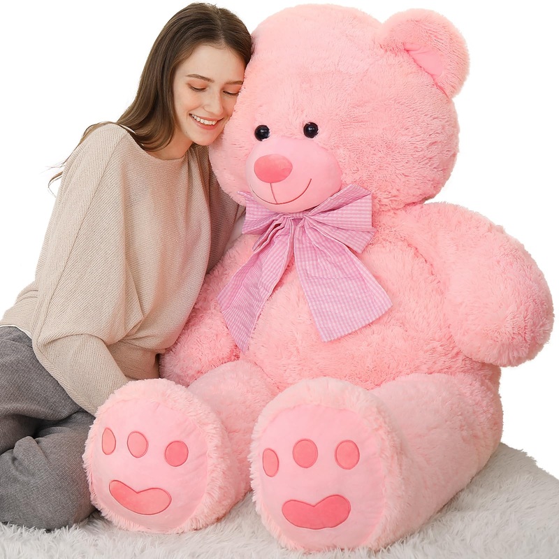 Morismos 5Ft Giant Pink Teddy Bear Stuffed Animal, Large Teddy Bear Plush Toy With Footprints And Bow, Gift For Girlfriend, Wife, Girls At Birthday Valentines, Christmas, Baby Shower Decor