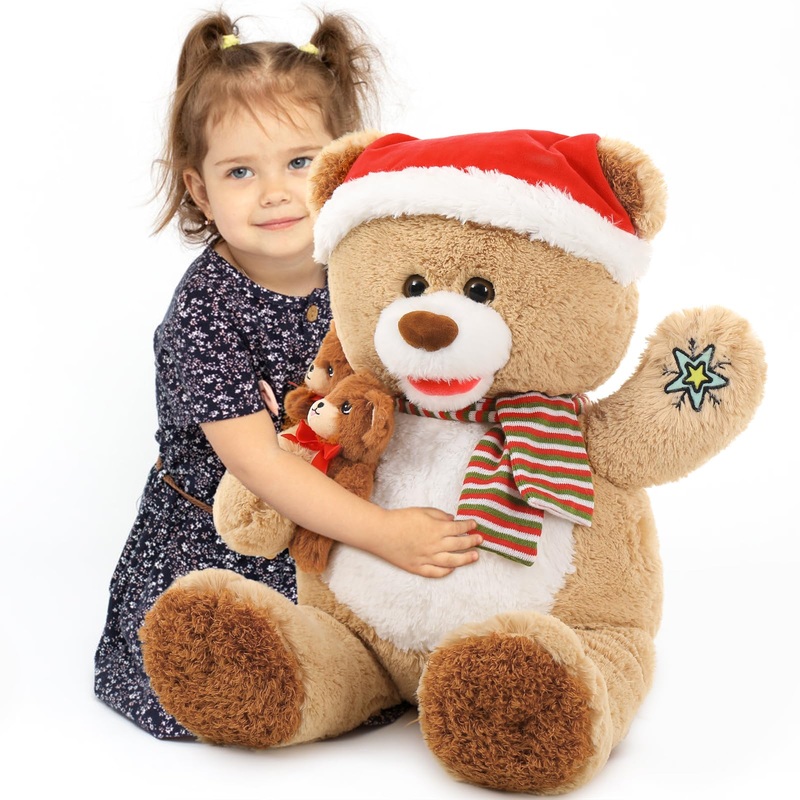 Morismos Christmas Teddy Bear Stuffed Animal, Teddy Bear Plush For Christmas, 24.4In Giant Stuffed Bear With Babies Christmas Decoration, For Kids, Boys, Girls, Girlfriend, Light Brown