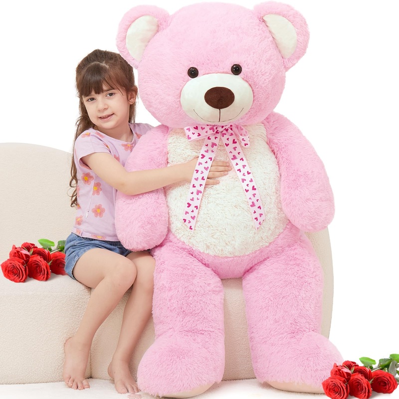 Morismos Giant Teddy Bear 4 Feet Stuffed Animal For Girlfriend,Big Cuddly Stuffed Pink Bear For Kids,Baby Shower Decor,Life Size Giant Teddy With Hearts For Valentine Birthday Gift