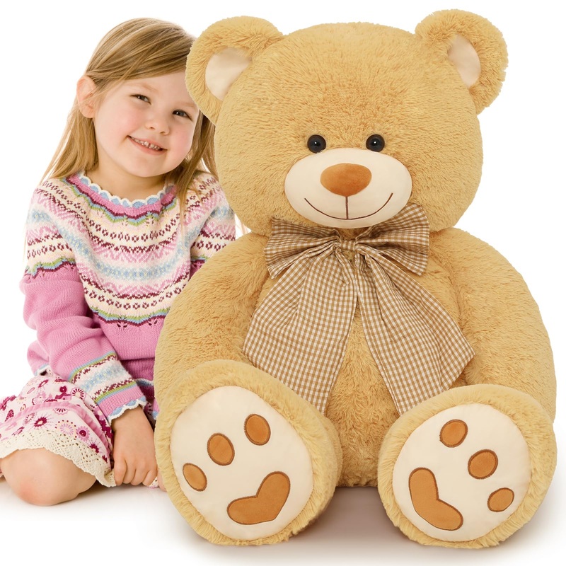 Morismos Giant Teddy Bear Plush Toy 39, Brown Big Bow Tie Bear Stuffed Animal Plush, Soft Bear Plush Gifts For Kids, Girlfriend Wife On Birthday, Valentines, Christmas, Baby Shower Decor, Tan