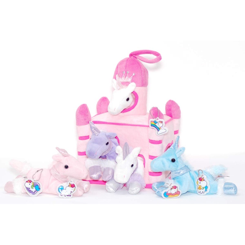 Super Fun Stop 12' Pink Unicorn Castle Gift Set - Included 5 Plush Unicorns, A Pink Castle For Unicorns And 5 Puffy Unicorn Zipper Pulls