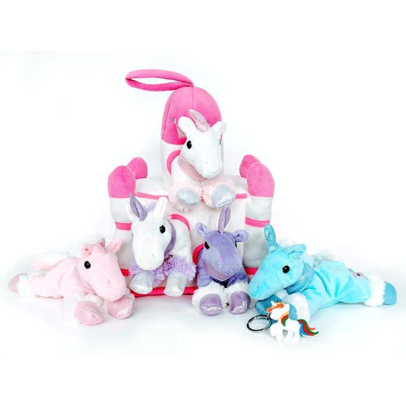 Super Fun Stop Unicorn Gift Set - 12' White Unicorn Castle With 5 Stuffed Unicorns By Unipak + Unicorn Keychain