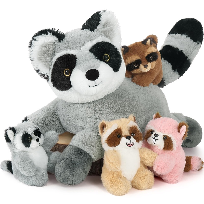 Tezituor 5 Pcs Giant Raccoon Stuffed Animal Set,18 Inches Raccoon Plushies With 4 Babies Woodland Farm Party Decor Soft Plush Raccoon Toy For Kids' Birthday Gifts