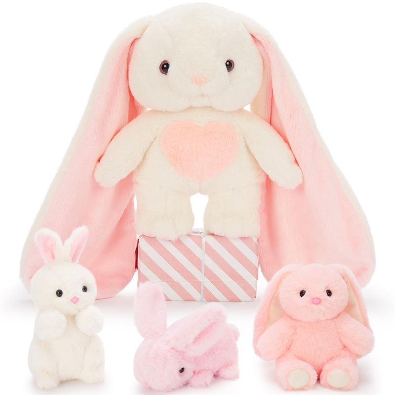 Tezituor Bunny Stuffed Animal With 3 Babies, Plush Rabbit Toy 19 Long Ear Bunny With Heart Soft Rabbit Plushies Easter Decor Christmas Birthday Gifts For Girls Boys