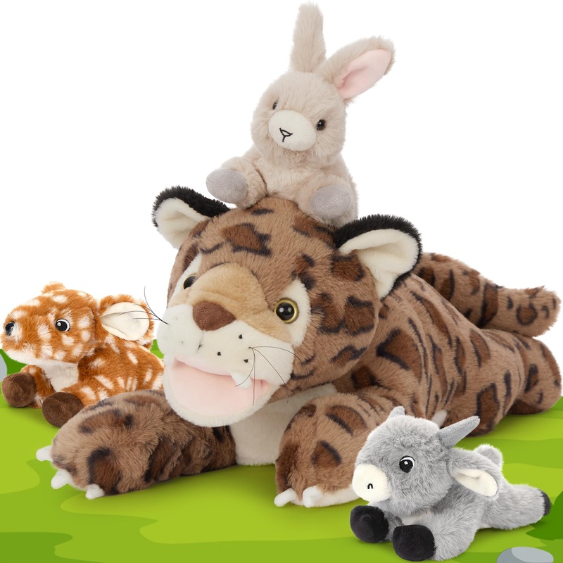 Tezituor Giant Cheetah Stuffed Animals, 19.7' Stuffed Leopard With Little Bunny Goat Deer Plushies, 4 Pcs Bulk Forest Stuffed Animal Plush Cheetah Toy Birthday Gifts For Boys Girls Kids