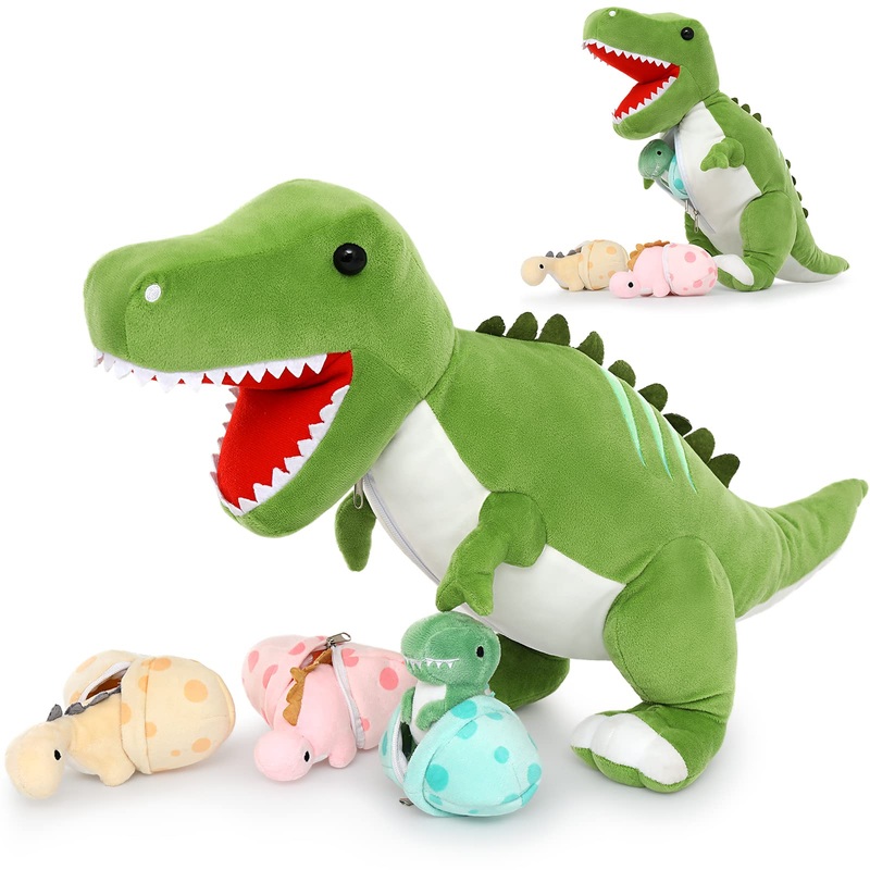 Tezituor Giant Dinosaur Stuffed Animal 23.6'' Big T-Rex Mommy Dinosaur Plush Toy With 3 Cute Baby Dinosaurs & 3 Egg Bags Inside Its Zippered Tummy For Boys Girls