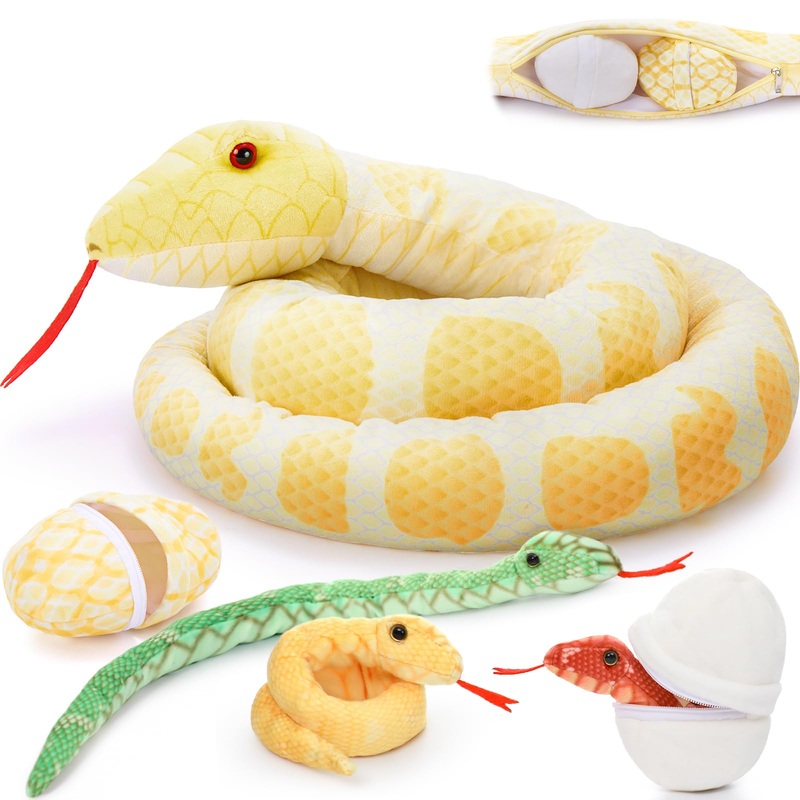 Tezituor Giant Stuffed Snake Plush, Yellow Snake Stuffed Animal With 3 Snake Babies & 2 Eggs,80' Long Boa Constrictor Snake Toys For Boys Girls Birthday Gifts