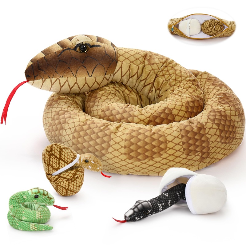 Tezituor Snake Stuffed Animal With Babies,80' Long Brown Boa Constrictor Mommy Snake With 3 Cute Babies & 2 Eggs Plush Snake Toys Birthday Gifts For Boys Girls