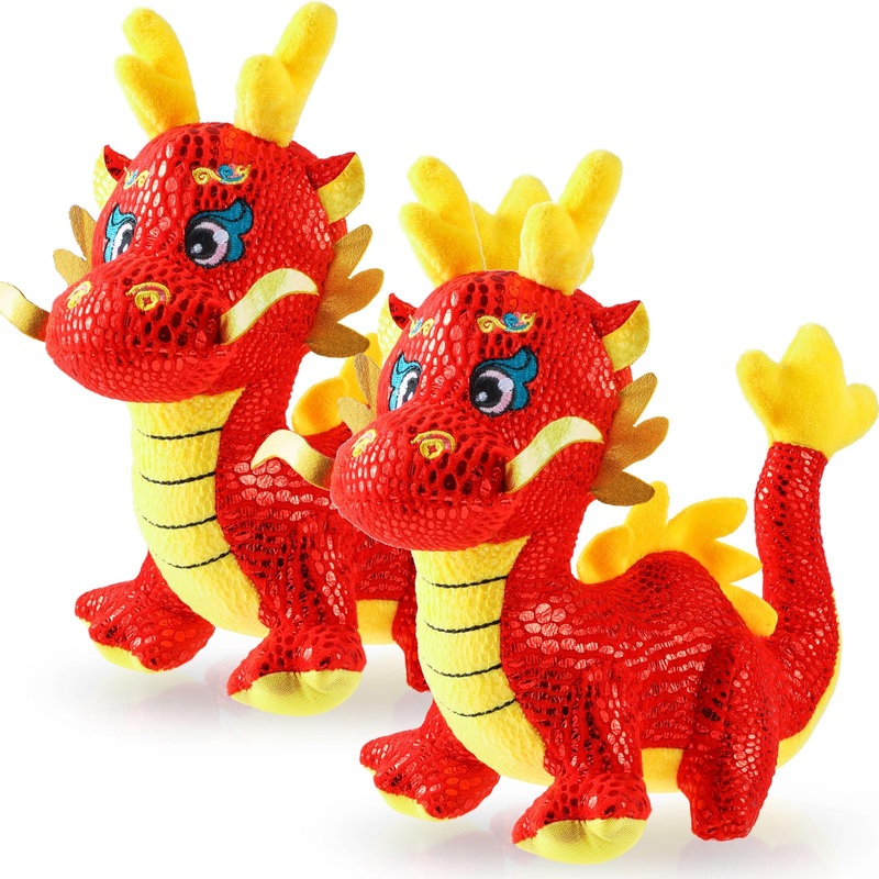 2 Pcs Chinese Dragon Plush 2025 Year Of The Dragon Stuffed Animal Plush Chinese New Year Plush Decoration Mascot Doll Plushies For Spring Festival Bedtime Gift Bed Rest Chair Table Decoration(Lucky)