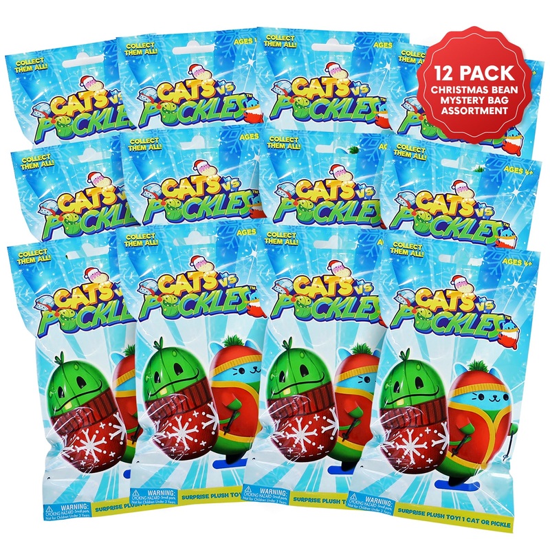 Cats Vs Pickles 12 Pack Christmas Bean Mystery Bags - 4 Inch Bean Filled Plushies For Advent Calendars - Blind Bags For Girls And Boys - Surprise Collectibles For Kids & Adults - 12 Pack
