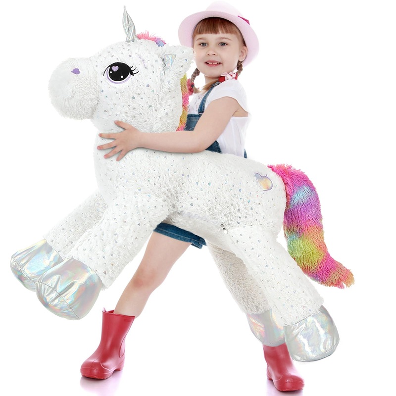 Tezituor 43In White Unicorn Stuffed Animal Toy With Big Embroidered Eyes,Exquisite Rainbow Tail And Dazzling Sequins,Lovely Unicorn Plush Birthday Decorations For Kids,Great Unicorns Gifts For Girls