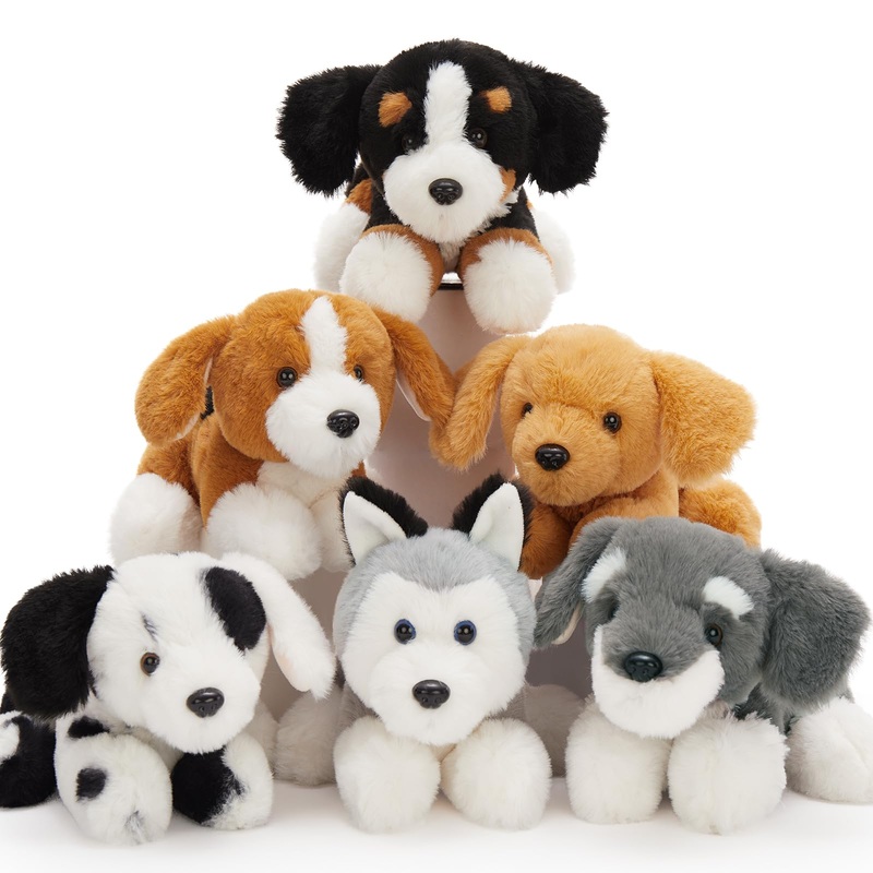 Tezituor 6Pcs Bulk Dog Stuffed Animals, Fluffy Assorted Stuffed Puppy Plush Toys For Kids, 11' Schnauzer,Husky, Bernese, Golden Retriever, Beagle,Spotted Dog Doll Set For Dog Themed Party Favors Gift