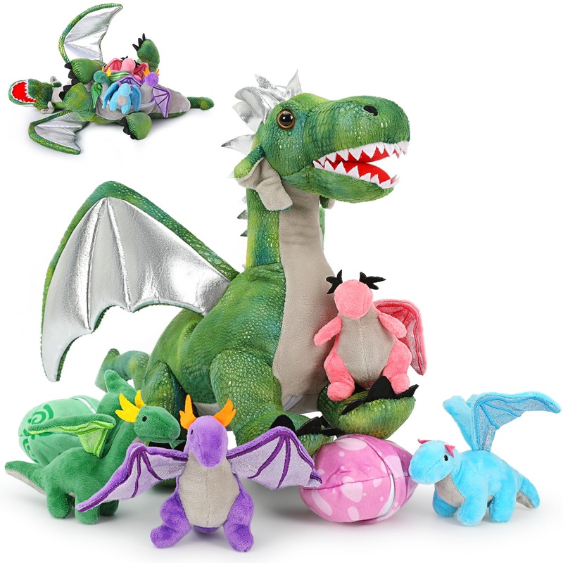 Tezituor 7 Pcs Dragon Stuffed Animals, 22'' Mommy Dragon Plush With 4 Baby Dragons And 2 Eggs, Stuffed Dragon Toys For Kids, Dinosaur Stuffed Animal Gifts For Boy Girl On Christmas Birthday Decoration
