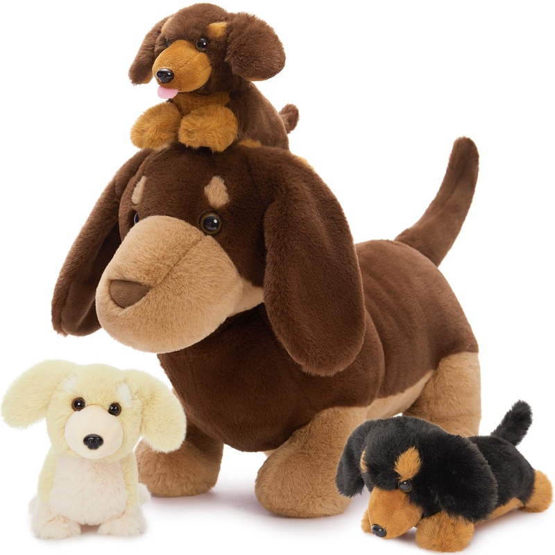 Tezituor Dachshund Stuffed Animal With 3 Babies,17.7 Inches Weiner Dog Plush Toy Puppy Stuffed Animal Birthday For Kids Girls Boys