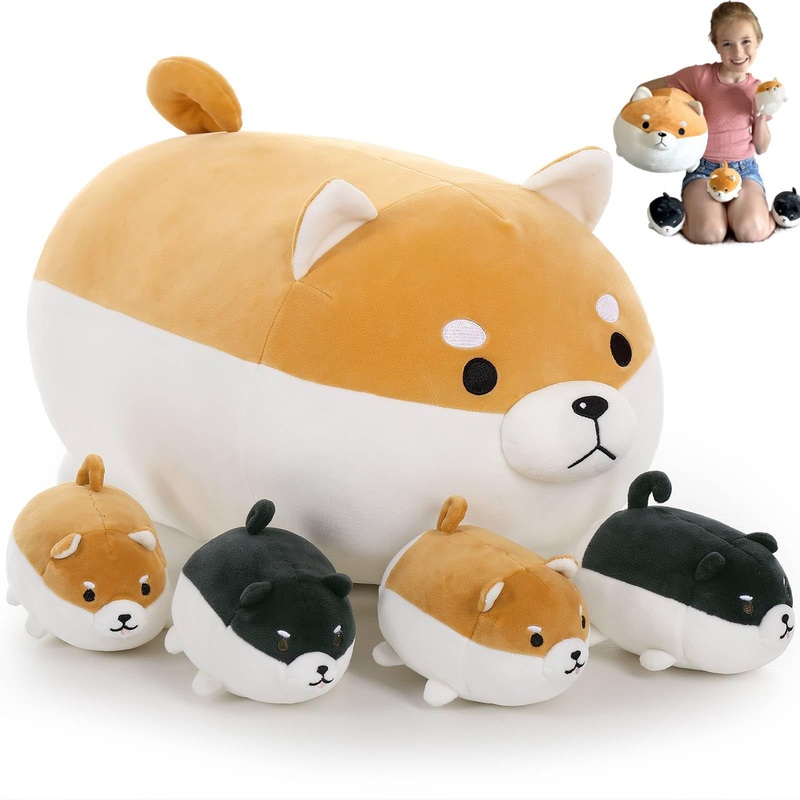 Tezituor Shiba Inu Plush Stuffed Animal, 18'' Stuffed Shiba Inu Mommy Shiba Inu With 4 Baby Shiba Inu, Stuffed Cotton Plush Animal Toy Gift For Kids