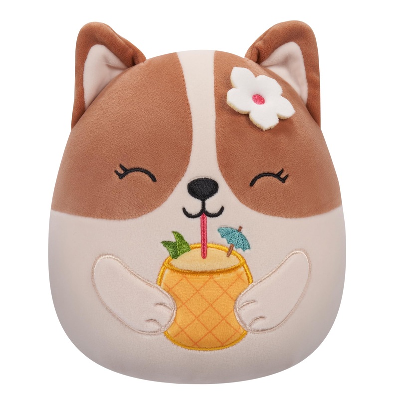 Squishmallows Original 7.5-Inch - Regina The Brown And White Corgi With Pineapple Drink And Flower