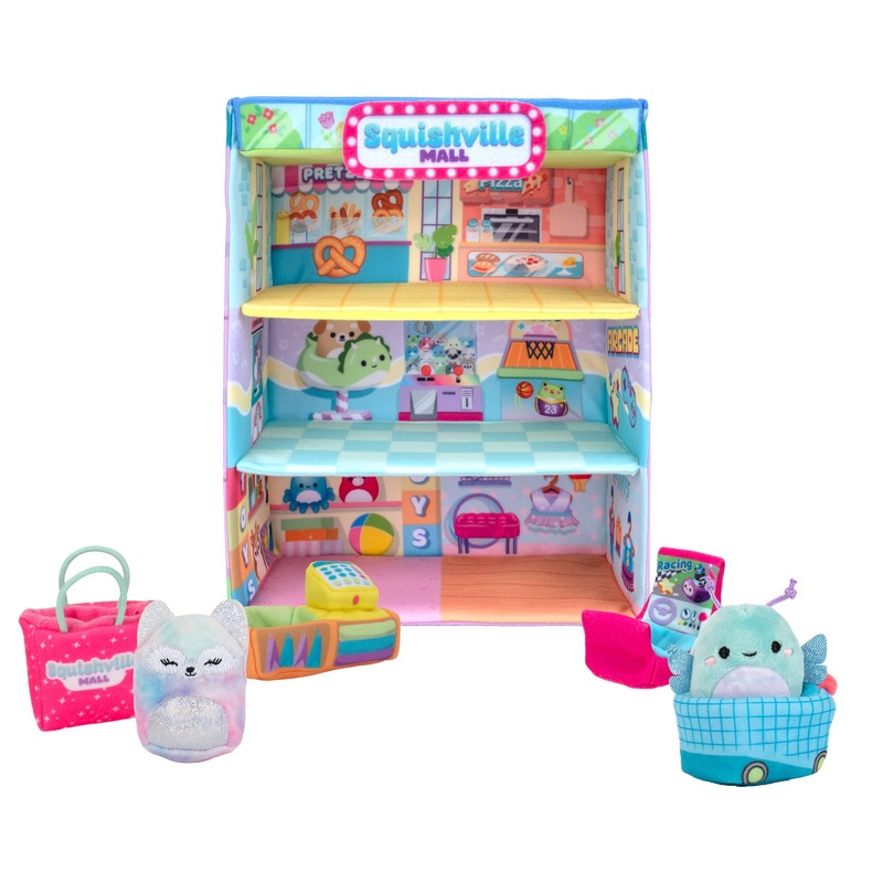 Squishville By Squishmallows Sqm0158 Mall-Two 2 Mini-Squishmallow Plush Characters, Themed Play Scene, Plus 4 Accessories Bag, Shopping Cart, Cash Register, Arcade Machine, Multi