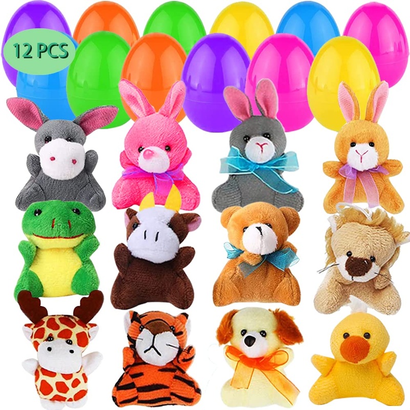 Camirus 12Pcs Easter Eggs Filled With Mini Plush Animal Toys, Cute Stuffed Animals Plush Keychain For Kids Easter Party Favors, Easter Basket Stuffers/Fillers, Egg Hunt