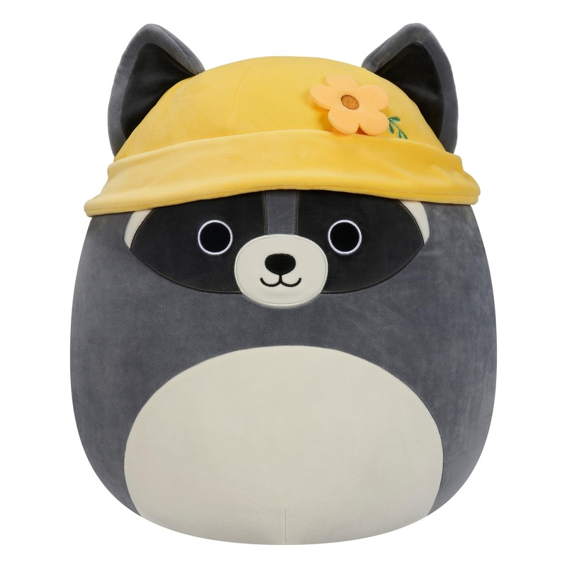 Squishmallows Original 14-Inch Rocky Grey Raccoon With Yellow Bucket Hat - Official Jazwares Large Plush