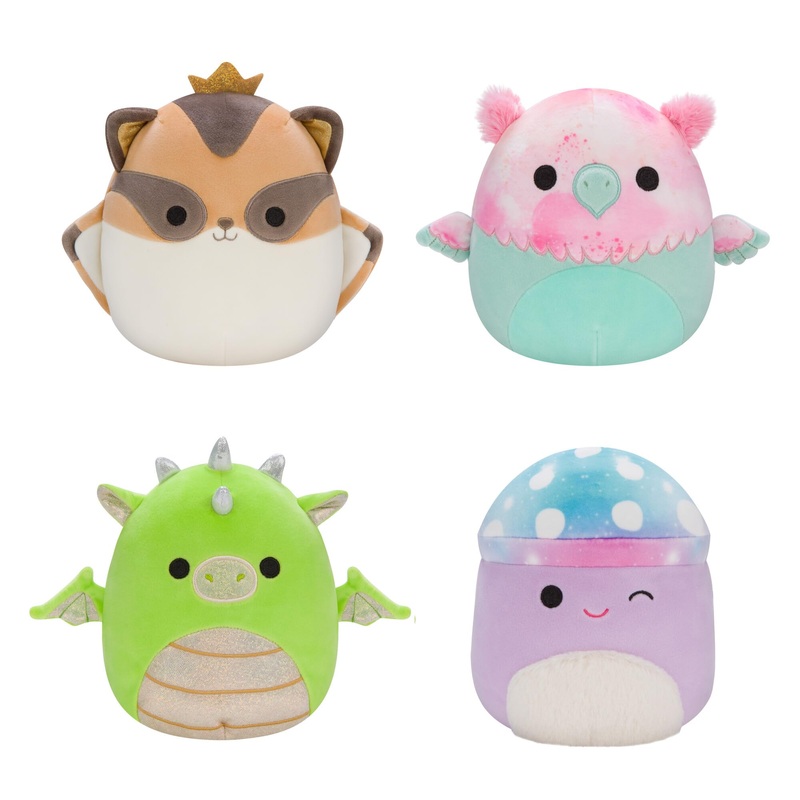 Squishmallows Original 7-Inch Fantasy Box Set  Eyk Lime Green Dragon, Gala Teal And Pink Griffin, Minya Purple Galaxy Mushroom, Ziv Sugar Glider With Crown  Official Jazwares Plush (Little)