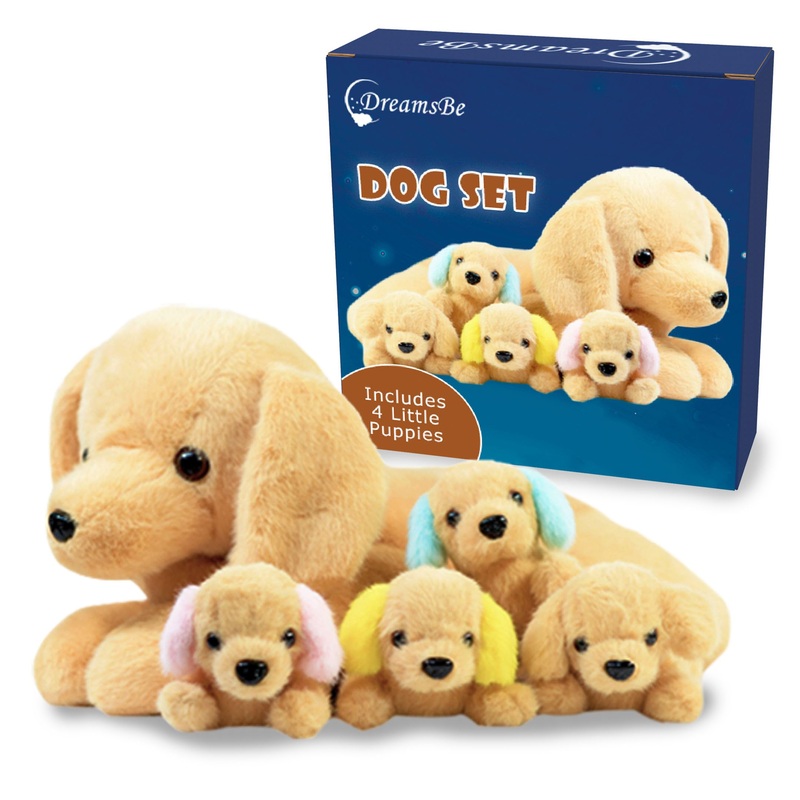 Dreamsbe 5 Stuffed Dogs For Kids - 1 Zippered Mommy Dog With 4 Babies - Stuffed Dog With Puppies For Kids Ages 3 4 6 7 8 9 Years - Stuffed Animal With Babies Inside Gift For Baby,Toddler, Boys & Girls