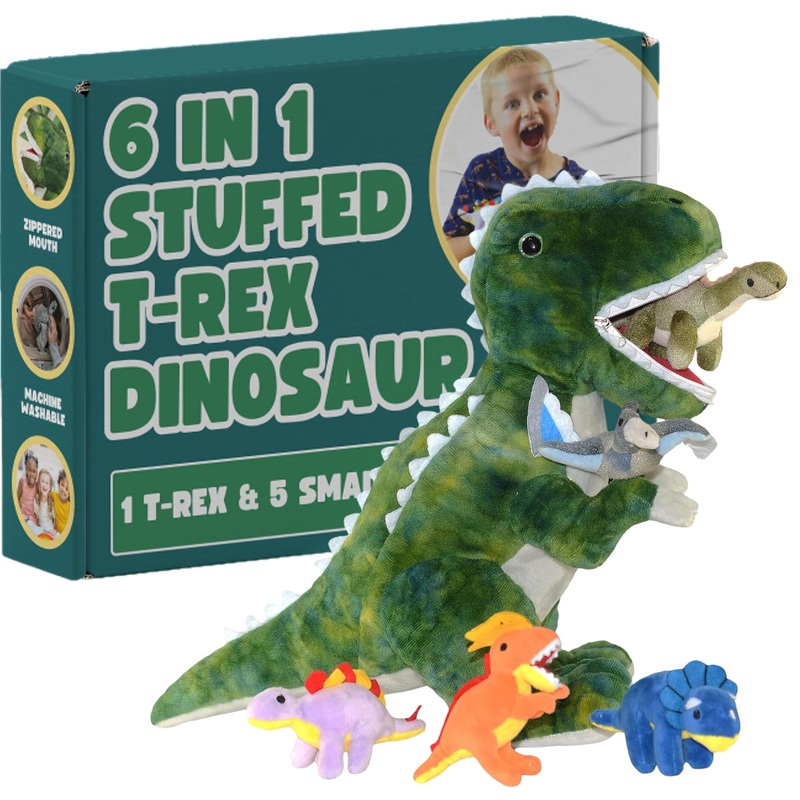 Dreamsbe Dinosaur Stuffed Animal T-Rex And 5 Little Dinos For Boys & Girls - Plush Stuffie With Zippered Pocket Eating Dinosaurs Gift Ages 3 4 6 7 8 9 Years